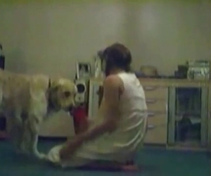 Slut in white crawls for her sexy dog