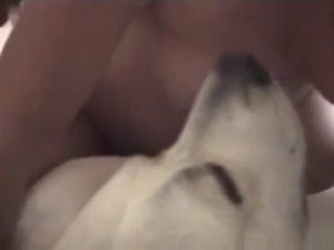 Whore with blonde hair is having fun with a doggie